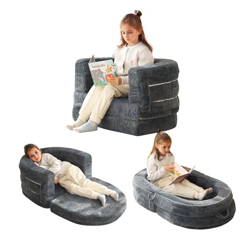 Welnow Travel Toddler Bed, 3-in-1 Convertible Toddler Portable Floor Beds, Kids Flip Out Foldable Sofa Bed with Washable Cover & High-Density Foam for Girls and Boys, Dark Grey