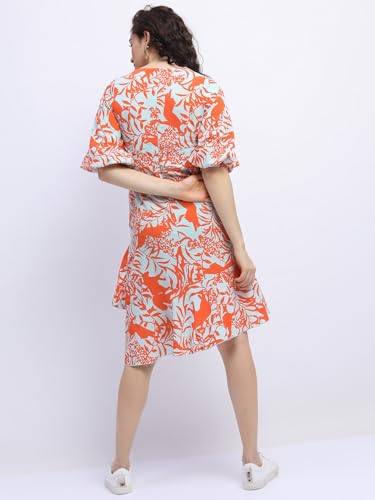 Image of Tokyo Talkies Women's Floral Midi Dress | A-line| V-Neck | Short Puff Sleeves & Playful Silhouette | Chic & Effortlessly Feminine