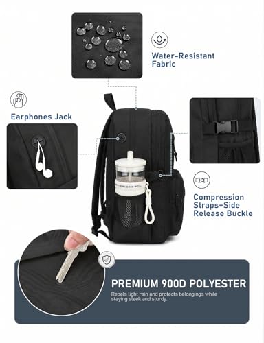 Image of Kasqo School Backpack, 20L Dual Compartment Bookbag for Boys Teens, Black | 20L, Machine Washable, Water-Resistant, Fit 15.6 Inch Laptop, Dual Main Compartment, 8 Pockets, Side Compression Buckles