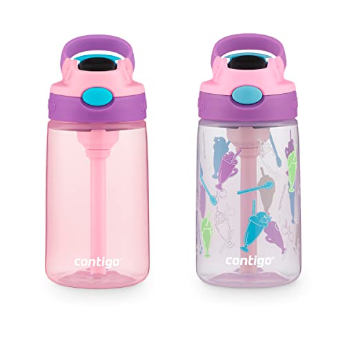 Contigo Aubrey Kids Cleanable Water Bottle with Silicone Straw and Spill-Proof Lid, Dishwasher Safe, 14oz 2-Pack, Strawberry & Ice Cream