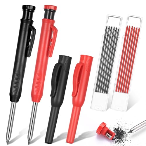 2er Tieflochmarker Bleistift Baustellen Bleistifte, Zimmermannsbleistifte Bohrlochmarker mit 12 Bleistiftminen, Tischler Bleistift Tiefenlochmarker für Schreinerei Baubleistift Handwerker Carpenter