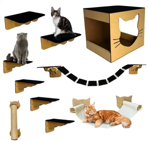 Playground Gatos 10 Peças 6mm mdf Completo com Arranhador Sisal e Rede Pinus