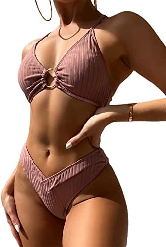 SheIn Women's High Cut Swimsuit Triangle Ring Ruched Bikini Set Ribbed Knit Bathing Suit Pink Medium