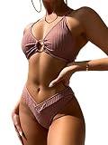 SheIn Women's High Cut Swimsuit Triangle Ring Ruched Bikini Set Ribbed Knit Bathing Suit Pink Medium