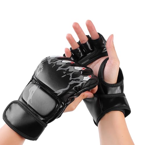 HERCHR Guante De Boxeo Deportivo, Guantes MMA Sparring Híbridos De Palma Abierta Manoplas De Artes Marciales para Hombres Y Mujeres Soporte De Muñeca De Cuero para Entrenamiento Muay Thai(Negro)