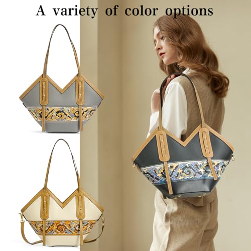 Image of Women's Leather Tote Bag & Large Capacity Hand-Carved Cloud Design, Full-Grain Cowhide