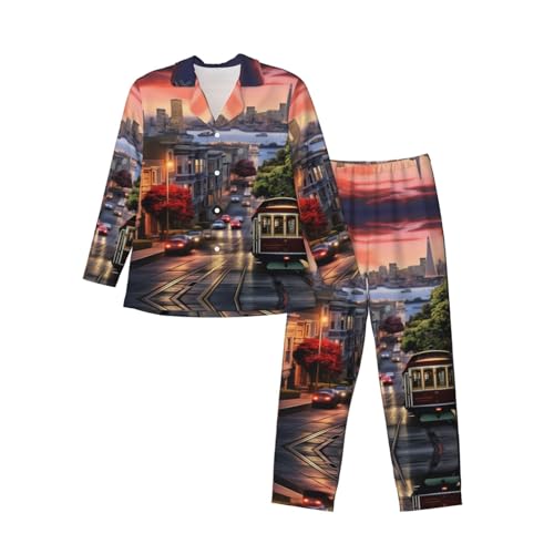 KIROJA San Francisco Print Pajamas Set For Men/Women,Casual Loose Homewear Set V-Neck Long Sleeve Shirt Pj Pants