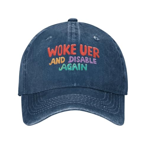 Povmekd Woke Uer and Qer and Disable Again Hat for Men Funny Dad Hat Funny Gifts for Women Navy Blue