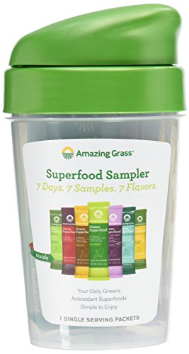 Amazing Grass Green Superfood Sampler: Super Greens Powder with Spirulina, Digestive Enzymes & Probiotics, 7 Flavors + Shaker Bottle