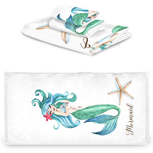 Naanle Stylish Beautiful Mermaid Print Soft Luxury Decorative Set of 3 Towels, 1 Bath Towel+1 Hand Towel+1 Washcloth, Multipurpose for Bathroom, Hotel, Gym, Spa and Beach(White)