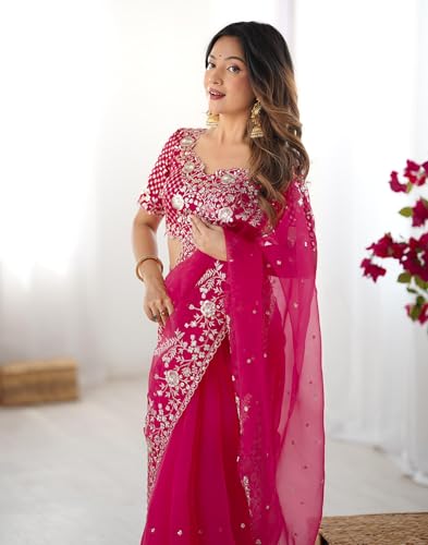 Image of SIRIL Women's Organza Sequence Embroidery Saree With Unstitched Blouse Piece