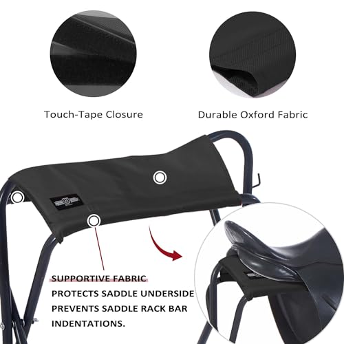 Image of Harrison Howard Saddle Stand Freestanding Full-Size Portable Floor Horse Saddle Rack with Fabric Adds Protection to Underside of Saddle Prevents Bar Indentations Secure Saddle Saddle Black