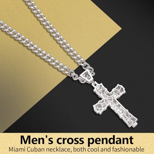 Rhinestones Cuban Link Chain Necklace with CZ Cross Pendant, 20inch Diamond Cuban Link Hip Hop Rapper Jewelry for Men and Women2