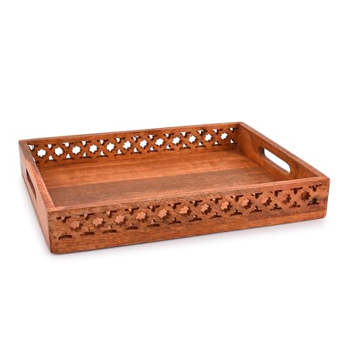 EDHAS Serving Trays Mango Wood Jali Design Brown Colour Serving Tray | Hand Carving Home and Kitchen Décor Tray (14