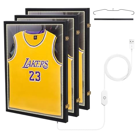 Nice C Jersey Frame Display Case with Lights, Jersey Shadow Box Display Case, Football Jersey Display Case with LED, 98% UV Protection, Valet Pinboard, Acrylic, Basketball (LED 3 Pack) Cover