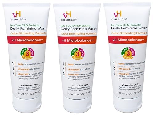 vH essentials Intimate Feminine Wash, pH Balanced with Tea Tree Oil, Cranberry, Prebiotics Odor Eliminating Formula, 6 FL OZ - 3 Pack