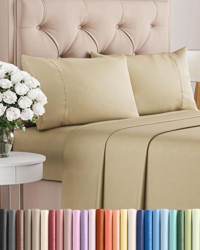 Image of Twin 4 Piece Bed Sheet Set - Comfy, Breathable & Cooling Sheets - Beige | Ultra Soft Hotel Luxury Bedding Set with 8-16 Inch Deep Pockets, 1 Flat & 1 Fitted Sheet & 2 Pillowcases, Wrinkle & Fade Free