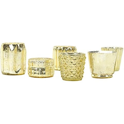 Koyal Wholesale Gold Mixed Glass Candle Holders, 6-Pack, Mismatched Candle Holders for Candle Votives, Geometric Decor Cover