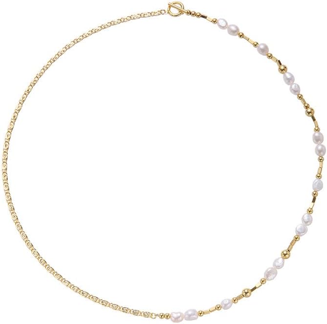 14K Gold Chain Pearl Necklace for Women,Dainty Gold Freshwater Cultured Pearl Choker Necklace,Jewelry Gifts for Her, Wife, Mom, Girlfriend