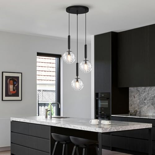 Image of Mid Century Globe Pendant Light with Clear Glass for Kitchen Island Modern Balck Finish Hanging Light Fixture Retro Round Pendant Lighting for Living Room Bedroom Entryway(3 Lights)