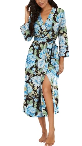 PrinStory Womens Robe Long Kint Bathrobe Lightweight Soft Robes Ladies Bath Robe FP-Black Blue Flower-M