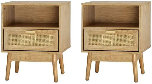 Set of 2 Rattan Bedside Tables with Drawer, Mid-Century Modern Wicker End Tables for Small Spaces