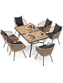 BUPPLEE Wicker Patio Furniture Set for 6,7-Piece Wicker Rattan Outdoor Furniture Set with umbrella hole,6 Wicker Chairs with Cushion and Pillow,6-Person Patio dining for Backyard Poolside Garden-Black