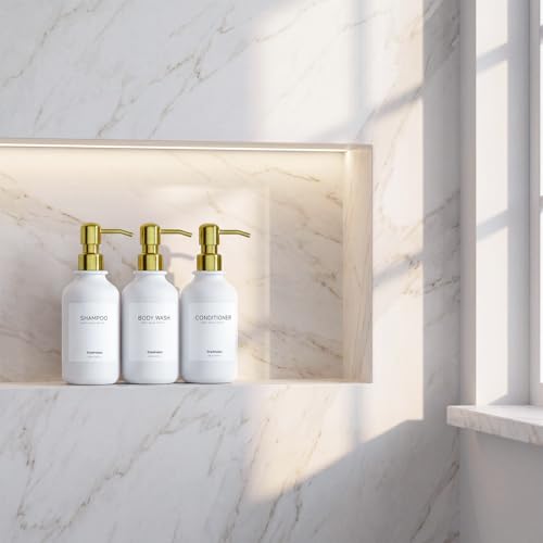 Modern Shampoo and Conditioner Dispenser Set of 3, 17oz Refillable Shower Soap Bottles with Stainless Steel Pumps & Waterproof Labels for Shampoo, Conditioner & Body Wash, Boutique Bathroom Decor - image 5