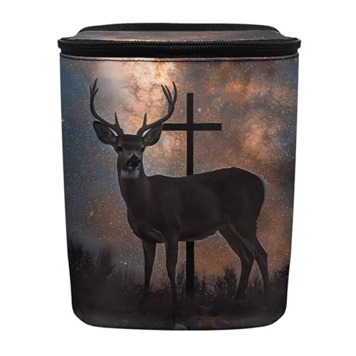 Image of Talayituse Galaxy Deer Cross Print Car Trash Bin, Large Size Auto Trash Can Adjustable Portable Garbage Can with Lid, Vehicle Hanging Bag for Headrest Front Back Seat