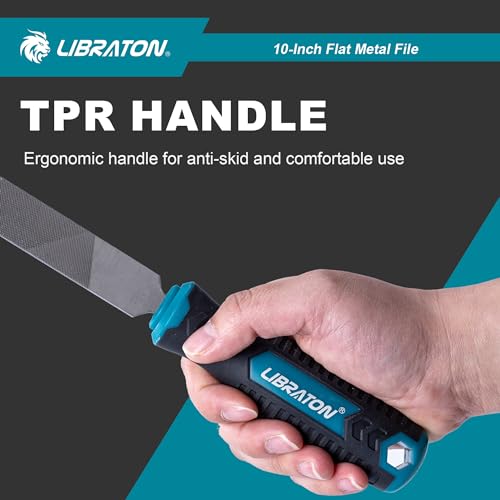 LIBRATON 10-Inch Flat Metal File, Metal File Tool, High Carbon Steel File with Ergonomic Handle, Hand File for Metal, Metalworking, Wood, Plastic, Flat File for Refining, Shaping and Scraping