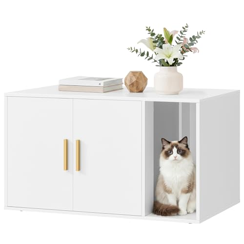 Feandrea Cat Litter Box Enclosure Modern Hidden Litter Box Furniture with Front Entry Double Doors Indoor Pet House Side End Table 80 x 50 x 45 cm Cloud White CUSTOS Collection PCL020WB02