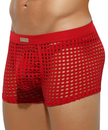 Arjen Kroos Men's Sexy Trunks Sheer Mesh Underwear Novelty Low Rise Lingerie Red