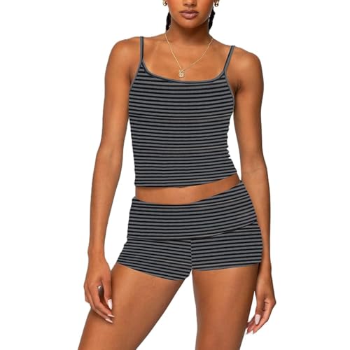TRURENDI Women 2 Piece Stripe Outfits Sleeveless Crew Neck Tank Crop and Mini Shorts Set Y2K Summer Going Out Outfits (Black-a, M)