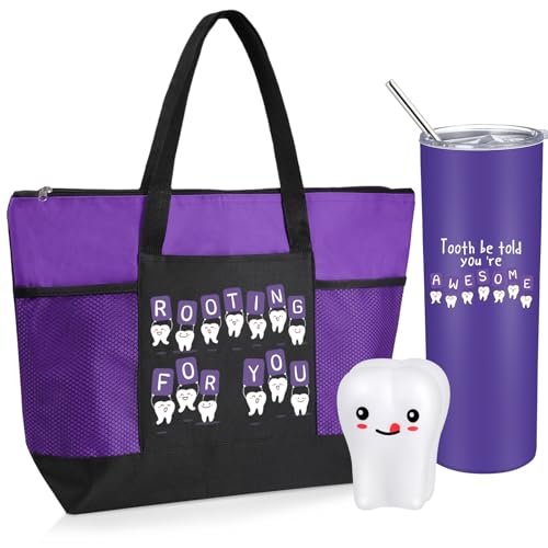 Nuogo 3 Pcs Positive Dental Hygienist Gifts Dental Assistant Gift for Women Men Inspirational 20oz Tumbler Tote Bag Tooth Stress Toy for Christmas Dentist Must Haves Appreciation(Purple)