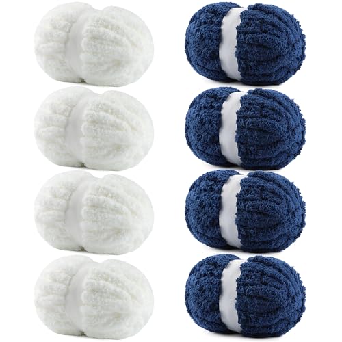 Image of 8 Pack Chunky Chenille Yarn #10 for Hand Knitting - Super Bulky Chunky Knit Blanket Yarns, Jumbo Big Thick Chunky Yarns for Crocheting (8, Milky White & Tibetan Blue)