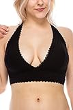 Floral Lace Halter Removable Pads Bralette Top Sheer Bustier Wireless Breathable Bra (C. Black, XL)