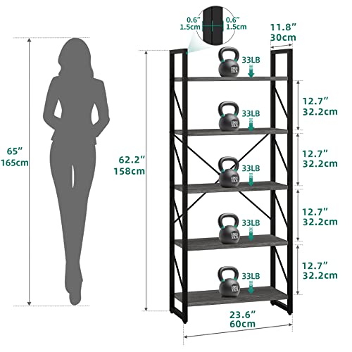 Yitahome 5 Tiers Bookshelf, Industrial Artsy Grey Bookcase Bookshelves, Storage Rack Shelves Books Holder Organizer For Movies In Living Room Home Office, Charcoal Gray + Black #TOP1