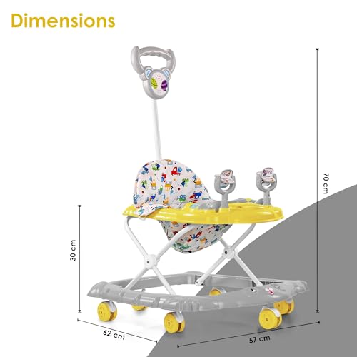 Image of BabyGo Jonny Walker for 6-24 Months | Foldable Baby Walker with Push Handle & Activity Tray | Adjustable Height Infant Walker with Wheels Music Toy Bar & Comfortable Seat (Yellow)