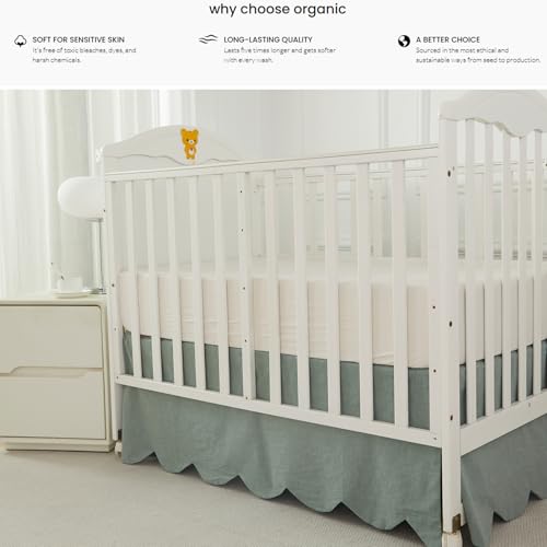 Image of Brandream Scallop Edge Organic Cotton Crib Skirt, Baby Boy, Baby Girl, Gender Neutral Crib Skirt Toddler Bedskirt Farmhouse Chic Nursery Crib Bed Skirt, Boho Bohemian Solid Sage Green Skirt