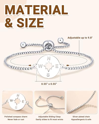 Image of 5th /8th Grade Graduation Gifts, Silver Adjustable Compass Bracelet for Her