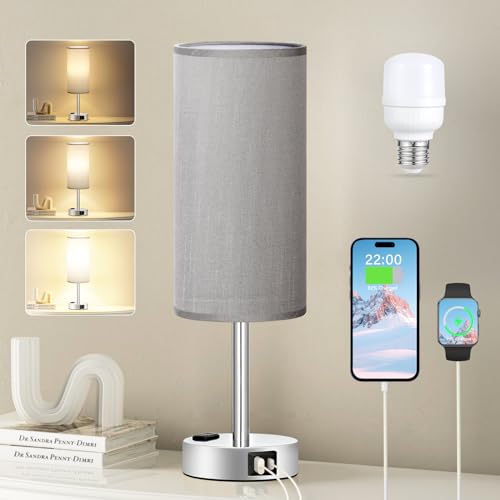 Fenmzee Grey Nightstand Table Lamp for Bedroom - 3 Way Dimmable Bedside Lamp USB C A Charging Ports and AC Outlet, Small Table Lamp Silver Base for Living Room, Office Desk, LED Bulb Included