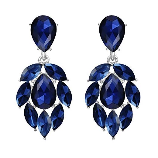 EVER FAITH Mujer Cristal Austríaco Boda Flor Hoja Lágrima Araña Pendientes Colgante Azul Marina Tono Plateado
