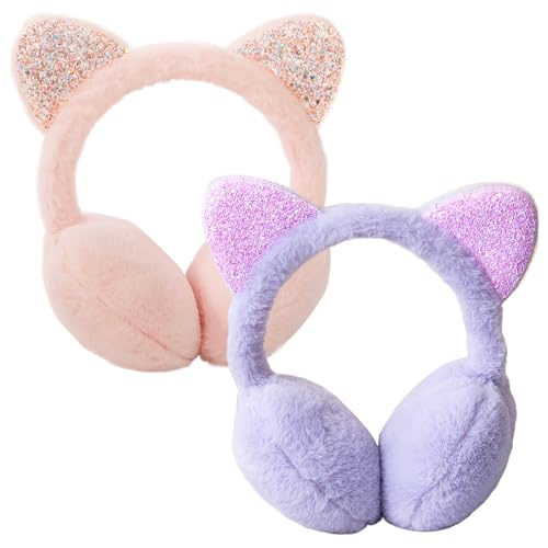HSMHLYYB Cache-Oreilles pour Filles, 2 Pièces Fourrure Fille Cat Ears, Peluche Protege Oreille, Cache-Oreilles Pliable Ajustable Earmuff,d'Hiver Chat Earmuffs, Hiver Chauffe Oreilles en Peluche Douce