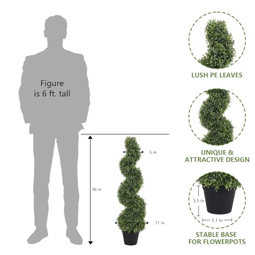 THE BLOOM TIMES 3ft Spiral Topiary Trees Artificial Outdoor Set of 2, 36" Faux Boxwood Plants Outside - All-Year Green Fake Twisted Tree for Garden Front Porch Planter Decor 3 Foot