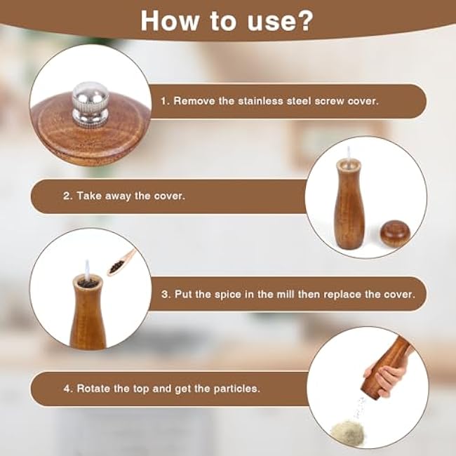 Wooden Salt and Pepper Grinder Set, 8 Inches Salt Grinder with Adjustable Coarseness Pepper Mill, Refillable Manual Salt Grinder, Oak Wood Salt and Pepper Grinder Mill for Kitchen - 2 Pack