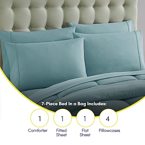 Sweet Home Collection 7 Piece Comforter Set Bag Solid Color All Season Soft Down Alternative Blanket & Luxurious Microfiber Bed Sheets, Misty Blue, Queen