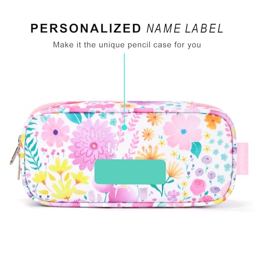 Image of mibasies Girls Pencil Case for Kids, Multi-Slot Pencil Pouch, Flower Pink White