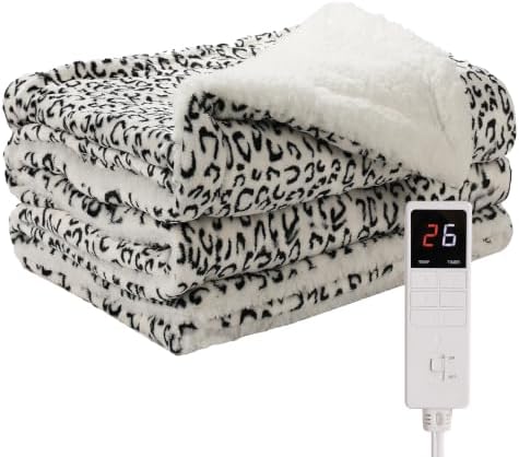 Heizdecke Wärmedecke Elektrische Kuscheldecke 200x150 cm, Leo Schwarz-Weiß | 9 Heizstufen & 1-9h Timer, mit Abschaltautomatik, Überhitzungsschutz, waschbar, Zuhause Büro Sofa