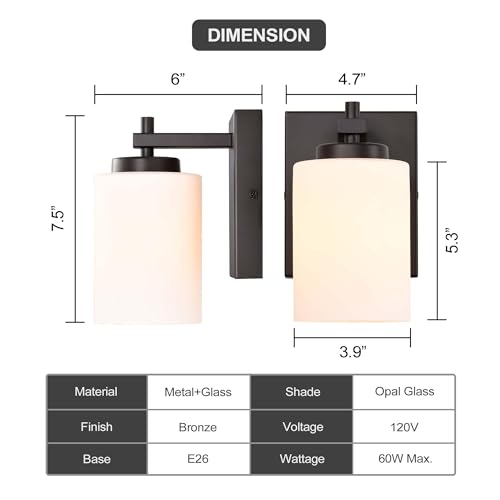 Image of 1 Light Bathroom Vanity Light Fixture, Farmhouse Single Sconce with Frosted White Glass Shade, Bronze