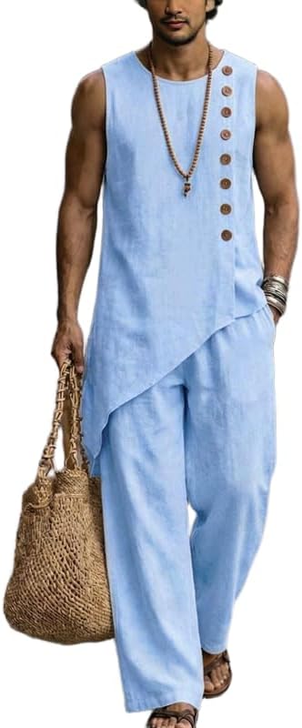 Men's retro irregular hem sleeveless shirt straight leg pants set, loose linen casual vacation 2-piece set